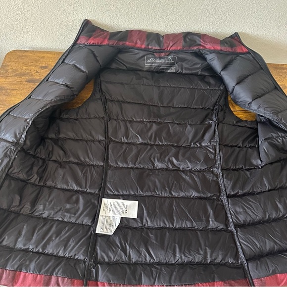 Eddie Bauer Woman’s Goose Down Puffer Vest Red Black Buffalo Plaid Medium - Picture 5 of 6